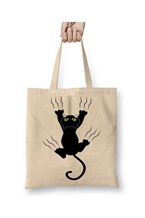 Gato Preto Cat Kedi Beyaz Bez Çanta Uzun Saplı Alışveriş Çantası Plaj Çantası