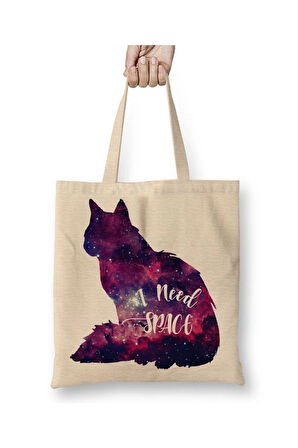 Galaksi Uzay Cat Kedi Beyaz Bez Çanta Uzun Saplı Alışveriş Çantası Plaj Çantası