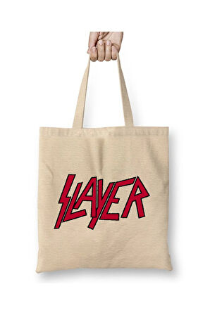 Slayer Logo Beyaz Bez Çanta Uzun Saplı Alışveriş Çantası Plaj Çantası