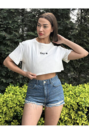 Kadın Bisiklet Yaka Baskılı Oversize Crop T-shirt