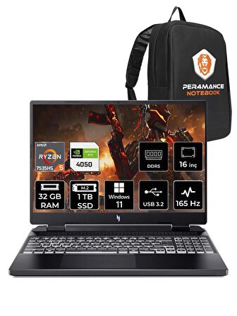 ACER Nitro 16 R5 7535HS 32GB 1TB SSD RTX4050/6GB 165HZ 16'' WUXGA W11P NH.QKBEY.003 & PER4 ÇANTA
