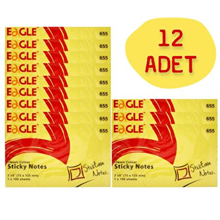 Eagle 75x125 mm Klasik Renk Yapışkanlı Not Kağıdı 100 Yaprak Sarı (655) 12 Adet