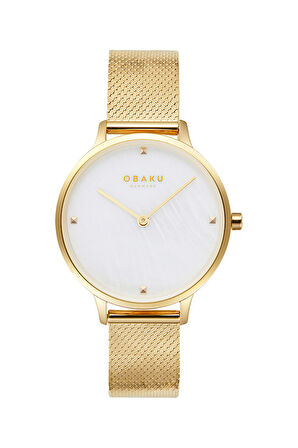 Obaku Denmark V295LXGWHG Quartz Çelik Hasır Altın Rengi Beyaz Kadran 34 mm Kadın Kol Saati