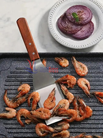 Ahşap Saplı Paslanmaz Açılı Büyük Spatula / Pasta Börek Hamburger Tatlı Kazıcıyı Baklavacı Spatulası