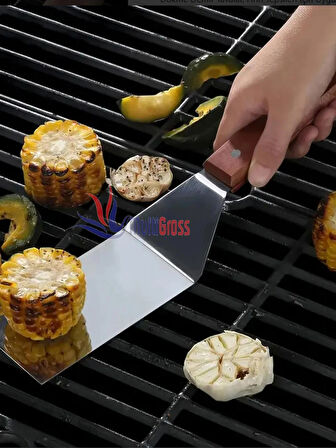Ahşap Saplı Paslanmaz Açılı Büyük Spatula / Pasta Börek Hamburger Tatlı Kazıcıyı Baklavacı Spatulası