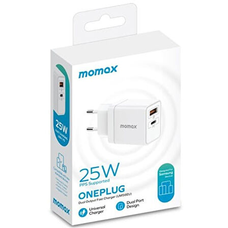 Momax OnePlug 25W Hızlı Şarj USB-C PD Adaptör - UM56EU Beyaz