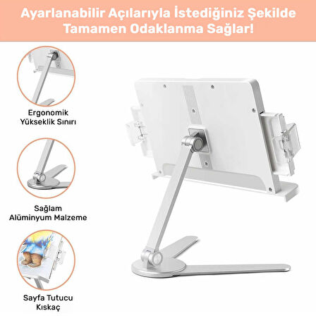 NPO STD007 Okuma Açısı Ayarlı Koruma Kıskkaçlı Alüminyum&ABS Kitap/Tablet/Dergi Standı Modern Rahle
