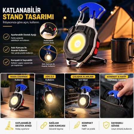 6'sı 1 Arada Anahtarlık Fener, COB LED Mini El Feneri, Type-C Şarjlı, 7 Aydınlatma Modu, Karabinalı Çok Amaçlı Kamp Feneri, Şişe Açacağı, Tornavida, İp Kesici, Mıknatıslı Acil Durum Feneri