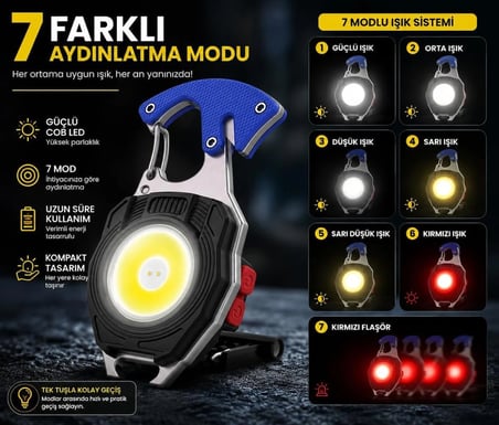 6'sı 1 Arada Anahtarlık Fener, COB LED Mini El Feneri, Type-C Şarjlı, 7 Aydınlatma Modu, Karabinalı Çok Amaçlı Kamp Feneri, Şişe Açacağı, Tornavida, İp Kesici, Mıknatıslı Acil Durum Feneri