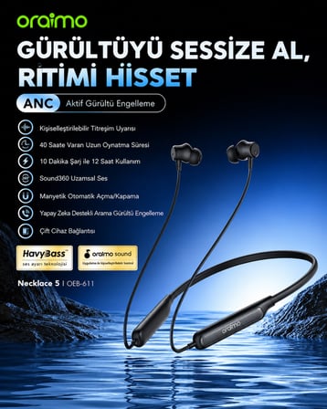 oraimo OEB-611 Boyun Bantlı Bluetooth Kulaklık Speed Black ANC