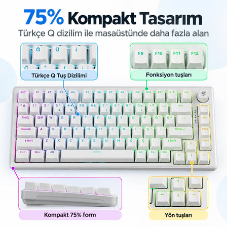 GameRaider K1 HE White Ultra-Fast Lime Manyetik Switch 8K Türkçe Kablolu Gaming Klavye