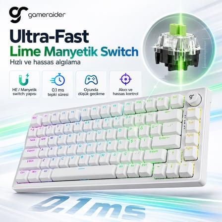 GameRaider K1 HE White Ultra-Fast Lime Manyetik Switch 8K Türkçe Kablolu Gaming Klavye