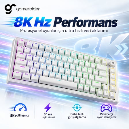 GameRaider K1 HE White Ultra-Fast Lime Manyetik Switch 8K Türkçe Kablolu Gaming Klavye