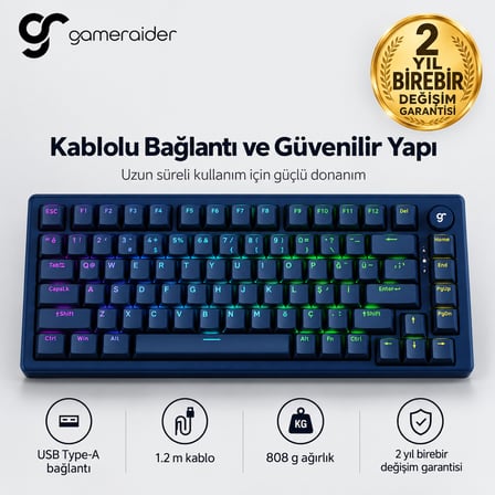 GameRaider K1 HE Dark Blue Ultra-Fast Lime Manyetik Switch 8K Hz Türkçe Kablolu Gaming Klavye
