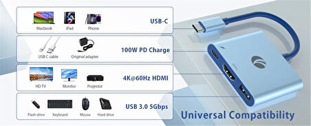 Vcom CUE15 Mavi Type-C To Hdmi(4K@60Hz)+Usb3.0+Pd 3.0 100W Çoklayıcı