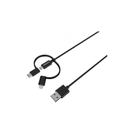 Philips DLC3104T MFİ Apple Uyumlu Lisanslı 3in1 Micro Usb-Lightining-Type-C Şarj ve Data Kablosu 1.2m Siyah