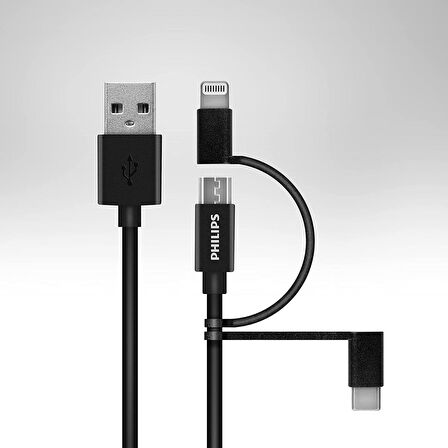 Philips DLC3104T MFİ Apple Uyumlu Lisanslı 3in1 Micro Usb-Lightining-Type-C Şarj ve Data Kablosu 1.2m Siyah