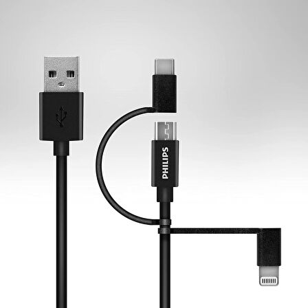 Philips DLC3104T MFİ Apple Uyumlu Lisanslı 3in1 Micro Usb-Lightining-Type-C Şarj ve Data Kablosu 1.2m Siyah