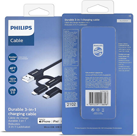 Philips Mfi Lisanslı 3in1 Micro-lightining-type-c Hızlı Şarj Kablosu Örgü 1.2m DLC5204T