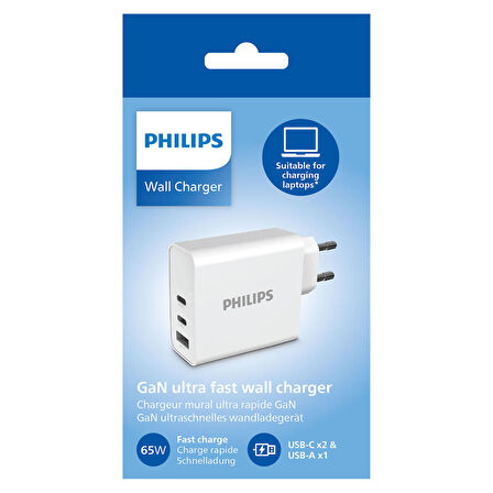 Philips DLP2683 65W 1x USB-A ve 2x PD USB-C GaN Hızlı Şarj Adaptörü-DLP2683/12