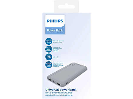 PHILIPS DLP1810CW 10.000 mAh  2xUSB-A  2.1A, USB-C Çıkış Taşınabilir Şarj Cihazı Gri