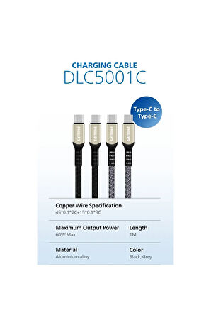 USB-C Şarj ve Data Kablosu, 60W, Hızlı Şarj, 3A Yüksek Akım, 1 Metre, Dayanıklı Örgü Kablo,DLC5001C