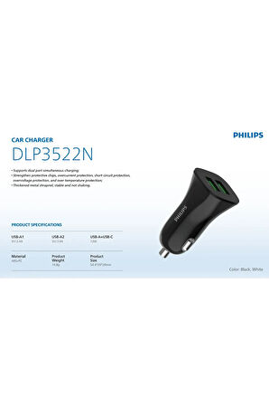 Çift USB-A Portlu Araç Şarj Adaptörü,5V 2.4A Çıkış,12-24V Giriş,Aşırı Isınma Şarj Korumalı,DLP3522N