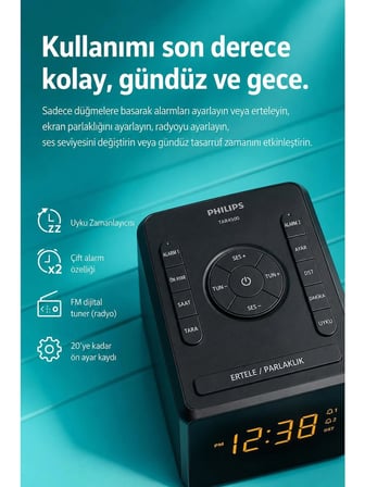 Philips TAR4500/10 Fm Saatli Radyo Çift Alarm Büyük LED Ekran Usb-C Telefon Şarjlı Dijital Çalar Saat