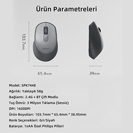 Philips SPK7448 Kablosuz 1600DPI 3 Tuşlu Optik Mouse Gri
