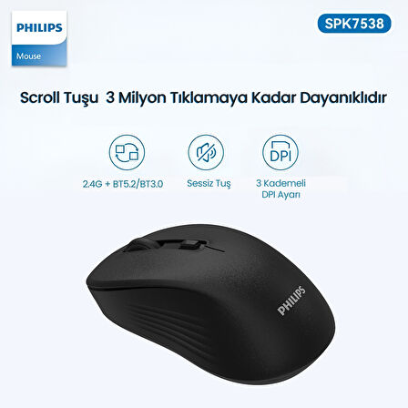 Philips SPK7538 Bluetooth 5.2 ve 2.4GHz 1600DPI Sessiz Optik Kablosuz Mouse Siyah