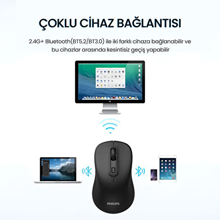 Philips SPK7538 Bluetooth 5.2 ve 2.4GHz 1600DPI Sessiz Optik Kablosuz Mouse Siyah