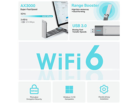 TP-LINK Archer TX50UH, AX3000 Mbps, 1,2 Metre USB 3.0 Kablo, Yüksek Çekim Güçlü Wi-Fi 6 USB Adaptör