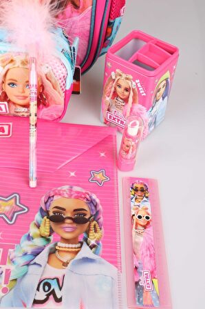 DEKOMUS İLE LİSANSLI "PEMBE MAVİ PRENSES KOLEKSİYONU" BARBIE 3 BÖLMELİ OKUL ÇANTASI VE KIRTASİYE SETİ