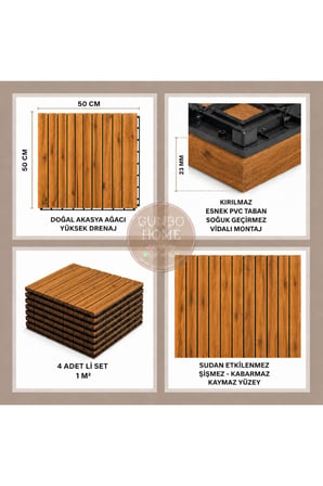 SAND 50x50 Akasya Ahşap Deck Yer Döşemesi - Islak Zemin Uyumlu Geçmeli Bahçe Balkon Teras Duş Karosu