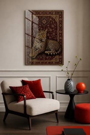 Leopar Desenli Oryantal Çiçek Motifli Temperli Cam Tablo – Dekoratif Duvar Tablosu