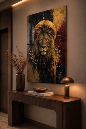Aslan Temalı Temperli Cam Tablo – Siyah Altın Bordo Detaylı Güçlü Aslan Figürü