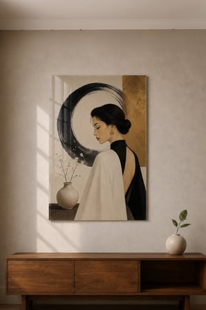 Kadın Figürlü Dekoratif Temperli Cam Tablo – Siyah Altın Modern Sanat Tasarımı