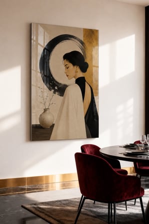 Kadın Figürlü Dekoratif Temperli Cam Tablo – Siyah Altın Modern Sanat Tasarımı