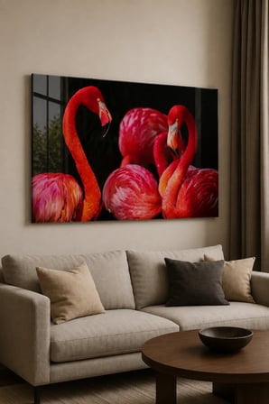 Pembe Flamingolar – Siyah Fonlu Renkli Flamingo Kuşları Modern Dekoratif Cam Tablo