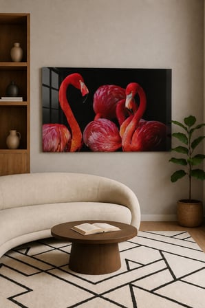 Pembe Flamingolar – Siyah Fonlu Renkli Flamingo Kuşları Modern Dekoratif Cam Tablo