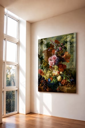 Jan van Huysum Fruit Piece – Çiçekler ve Meyveler Klasik Natürmort Sanatı Dekoratif Cam Tablo