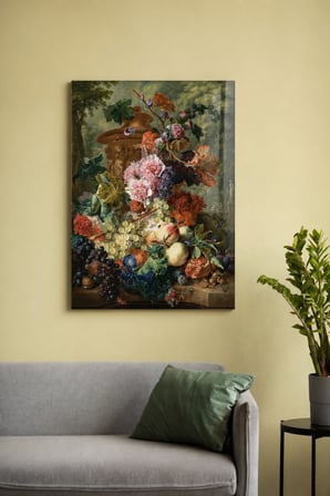 Jan van Huysum Fruit Piece – Çiçekler ve Meyveler Klasik Natürmort Sanatı Dekoratif Cam Tablo