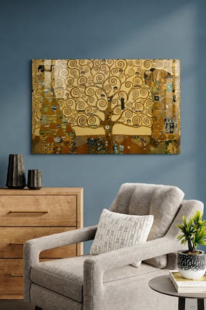 Gustav Klimt Tree of Life Cam Tablo – Hayat Ağacı Altın Tonlu Klasik Sanat Dekoratif Duvar Tablosu