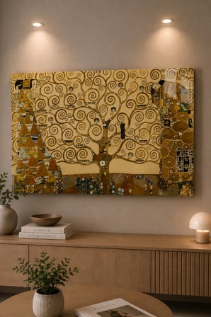 Gustav Klimt Tree of Life Cam Tablo – Hayat Ağacı Altın Tonlu Klasik Sanat Dekoratif Duvar Tablosu