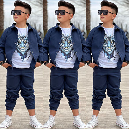 MODAVALS GABARDİN GÖMLEK KARGO CEP PANTOLON ve KAPLAN BASKILI TSHIRT 3 PARÇA ERKEK ÇOCUK TAKIM 