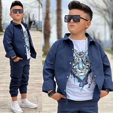 MODAVALS GABARDİN GÖMLEK KARGO CEP PANTOLON ve KAPLAN BASKILI TSHIRT 3 PARÇA ERKEK ÇOCUK TAKIM 