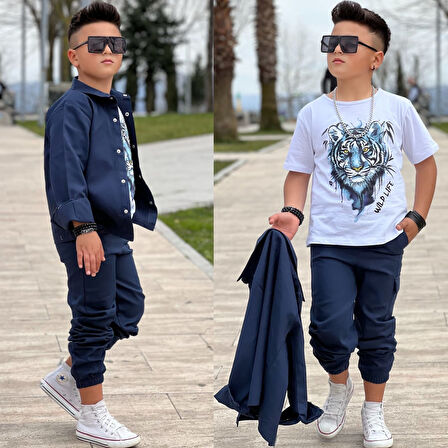 MODAVALS GABARDİN GÖMLEK KARGO CEP PANTOLON ve KAPLAN BASKILI TSHIRT 3 PARÇA ERKEK ÇOCUK TAKIM 