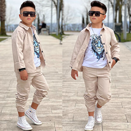 MODAVALS GABARDİN GÖMLEK KARGO CEP PANTOLON ve KAPLAN BASKILI TSHIRT 3 PARÇA ERKEK ÇOCUK TAKIM 