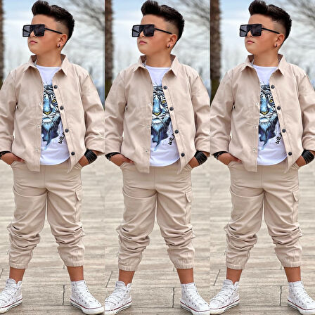 MODAVALS GABARDİN GÖMLEK KARGO CEP PANTOLON ve KAPLAN BASKILI TSHIRT 3 PARÇA ERKEK ÇOCUK TAKIM 