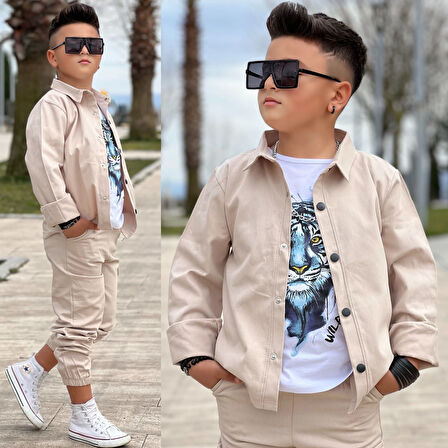 MODAVALS GABARDİN GÖMLEK KARGO CEP PANTOLON ve KAPLAN BASKILI TSHIRT 3 PARÇA ERKEK ÇOCUK TAKIM 